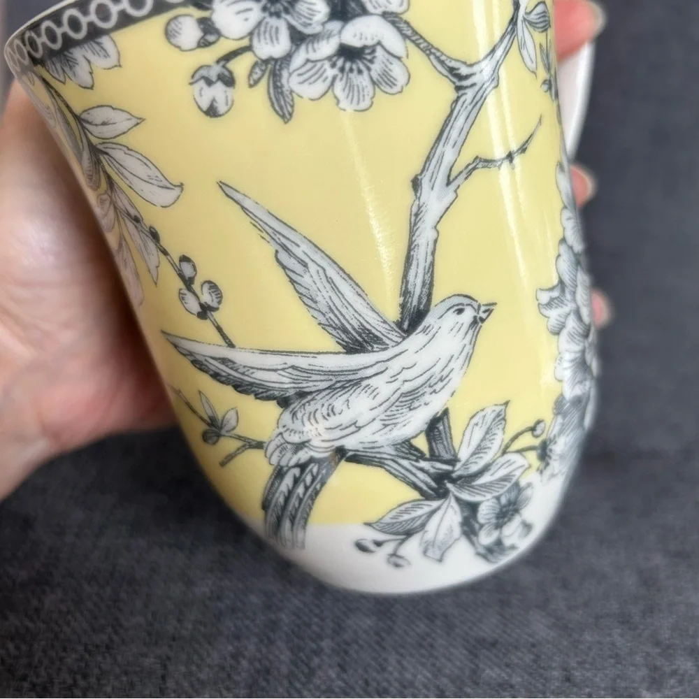222 FIFTH “Adelaide” Floral and Birds Coffee Mug, Yellow, Gray, 12 oz